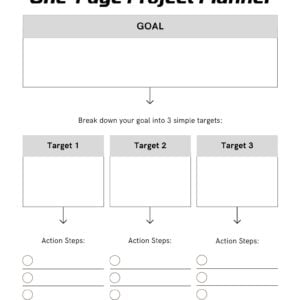 Conquer Your Goals in One Page: Minimalist Modern Goal Planner (US Letter PDF) Product Description: Ditch the overwhelm, achieve laser focus! This isn't your average planner. Our minimalist modern design condenses powerful goal-setting into a single, beautiful US Letter PDF. Prioritize ruthlessly. Identify your top 3 goals and break them down into actionable steps – all within a streamlined layout that keeps you focused on what truly matters. Visualize your triumph. Ample space lets you map out your journey, ensuring you stay motivated and laser-focused on achieving your ultimate prize. Boost accountability. Track your progress with satisfying checkbox trackers, adding a gamified element that fuels your drive and celebrates every milestone. This isn't just a planner, it's your goal achievement command center. Instant Download & Printable: Get started in seconds, no matter where you are. Print as many copies as you need to adapt to your evolving goals. Effortlessly Customizable: The minimalist design eliminates distractions, allowing you to personalize it with your own notes, colors, and motivational quotes. Modern & Efficient: Say goodbye to bulky planners and hello to streamlined organization. Stop dreaming, start achieving! Download your Minimalist Modern Goal Planner today and transform your vision into reality! P.S. This digital download is compatible with most PDF annotation apps and note-taking software, allowing for further customization (software not included).