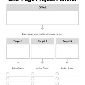 Conquer Your Goals in One Page: Minimalist Modern Goal Planner (US Letter PDF) Product Description: Ditch the overwhelm, achieve laser focus! This isn't your average planner. Our minimalist modern design condenses powerful goal-setting into a single, beautiful US Letter PDF. Prioritize ruthlessly. Identify your top 3 goals and break them down into actionable steps – all within a streamlined layout that keeps you focused on what truly matters. Visualize your triumph. Ample space lets you map out your journey, ensuring you stay motivated and laser-focused on achieving your ultimate prize. Boost accountability. Track your progress with satisfying checkbox trackers, adding a gamified element that fuels your drive and celebrates every milestone. This isn't just a planner, it's your goal achievement command center. Instant Download & Printable: Get started in seconds, no matter where you are. Print as many copies as you need to adapt to your evolving goals. Effortlessly Customizable: The minimalist design eliminates distractions, allowing you to personalize it with your own notes, colors, and motivational quotes. Modern & Efficient: Say goodbye to bulky planners and hello to streamlined organization. Stop dreaming, start achieving! Download your Minimalist Modern Goal Planner today and transform your vision into reality! P.S. This digital download is compatible with most PDF annotation apps and note-taking software, allowing for further customization (software not included).