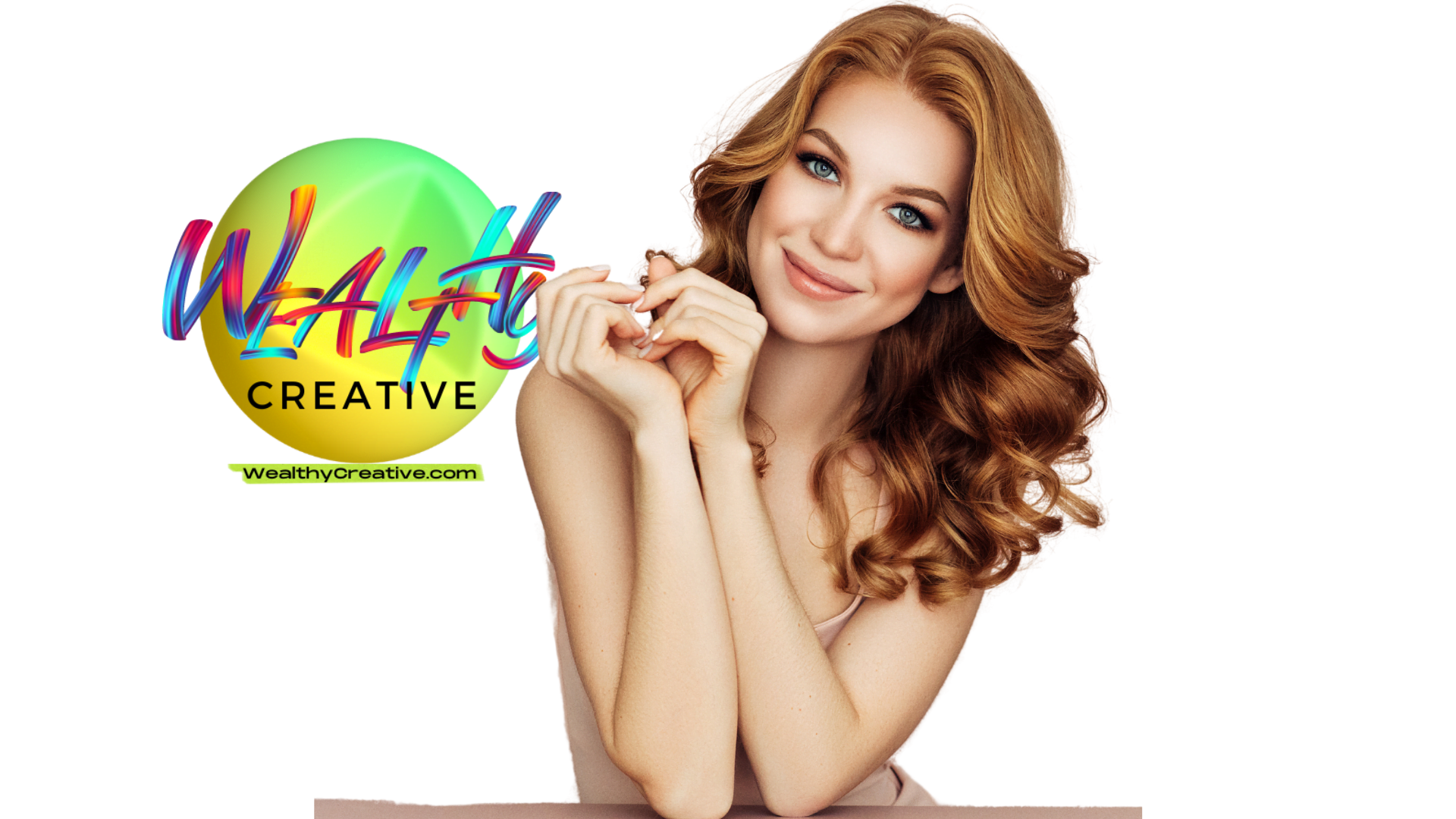 Beautiful woman with red hair smiling in front of the Wealthy Creative logo