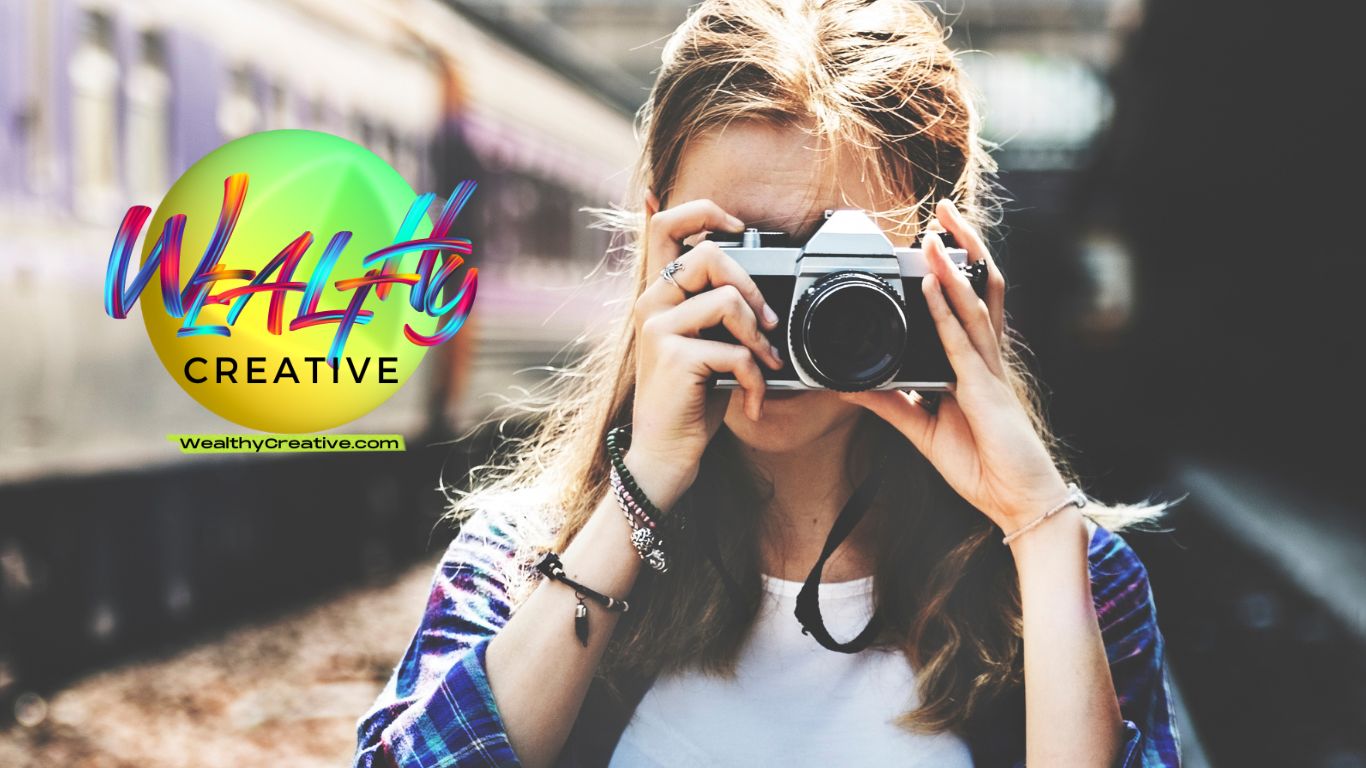 A girl freelance photographer taking a picture with her camera while traveling.