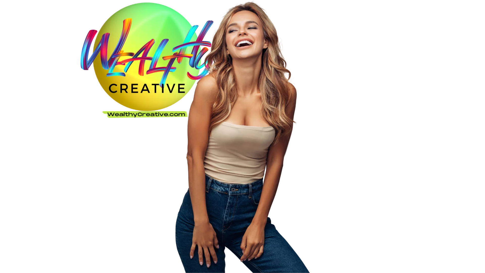 Happy Beautiful woman with long hair standing in front of the Wealthy Creative logo Happy Beautiful woman with long hair standing in front of the Wealthy Creative logo