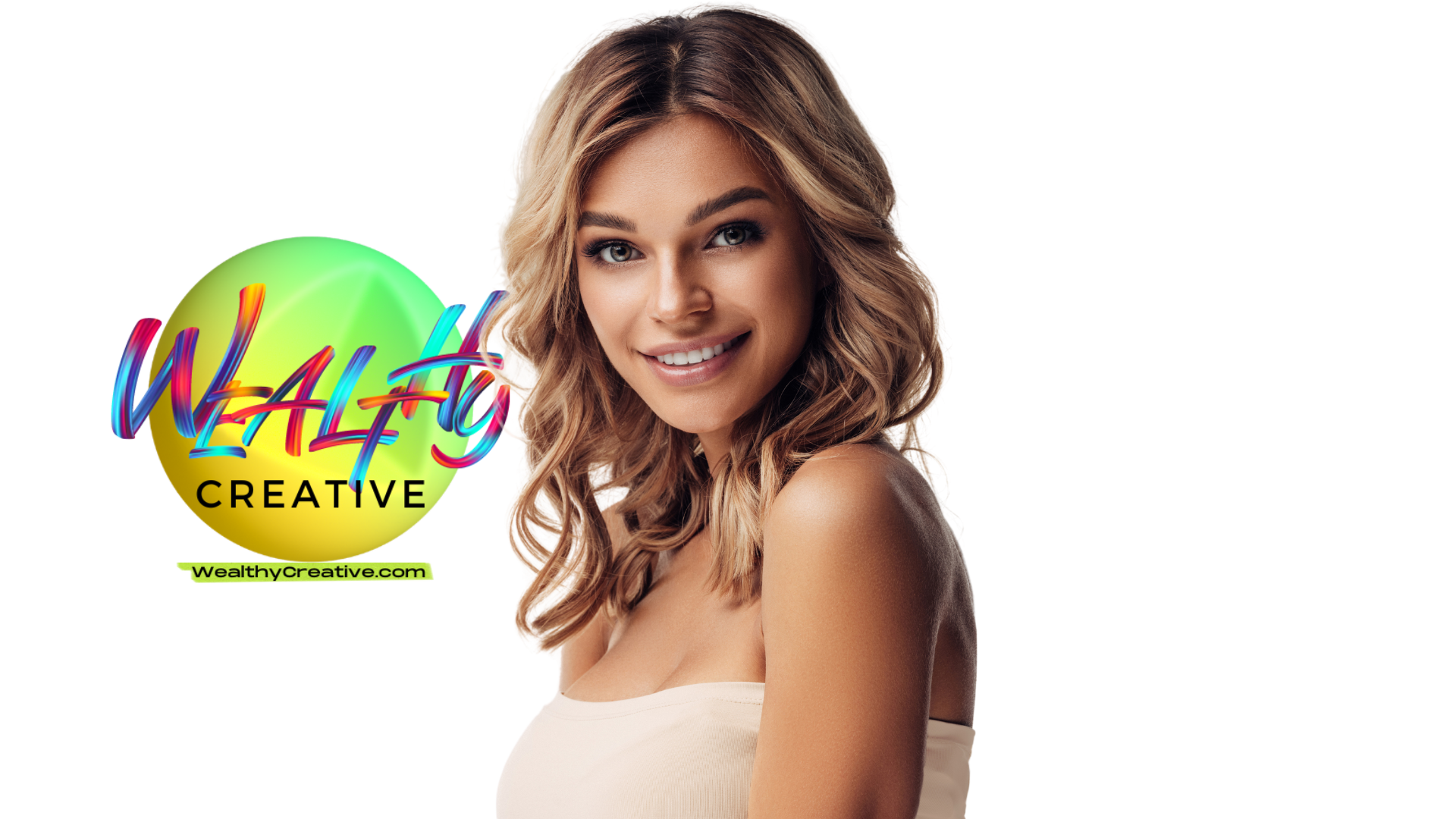 Happy Smiling woman standing in front of the Wealthy Creative logo