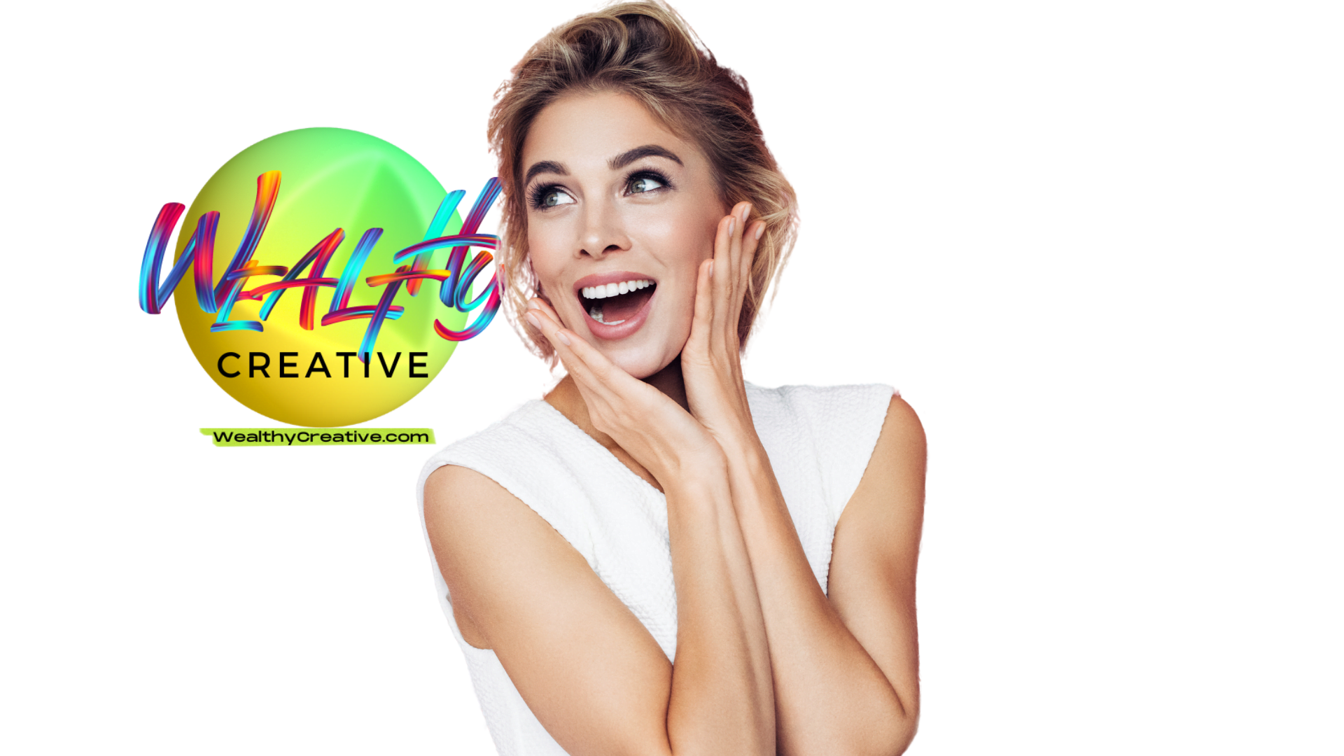 Happy and surprised successful woman standing in front of the Wealthy Creative logo