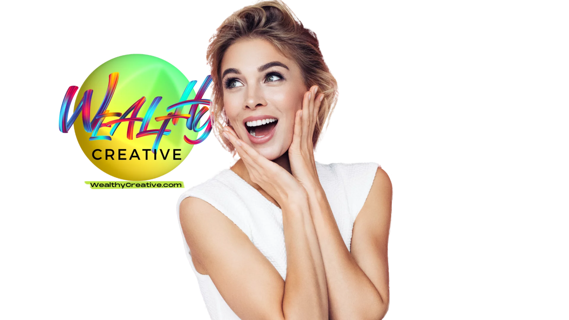 Happy and surprised successful woman standing in front of the Wealthy Creative logo Happy and surprised successful woman standing in front of the Wealthy Creative logo