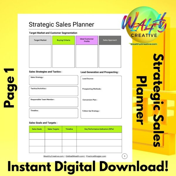 The Printable Strategic Sales Planner - Instant Digital Download PDF - Page 1 - on Yellow background