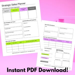 The Printable Strategic Sales Planner - Instant Digital Download PDF - Page 1 and 2, on purple background.