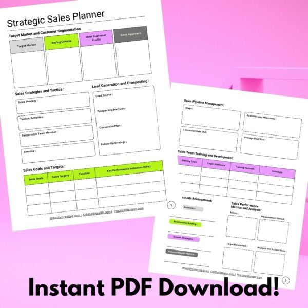 The Printable Strategic Sales Planner - Instant Digital Download PDF - Page 1 and 2, on purple background.