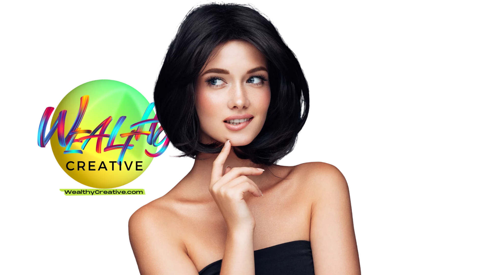 Successful and happy woman standing in front of the Wealthy Creative logo Successful and happy woman standing in front of the Wealthy Creative logo