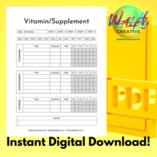 Elevate Your Wellness Routine: Premium Printable Tracker for Vitamins & Supplements Effortless Vitamin & Supplement Management: Premium Downloadable Tracker (US Letter)