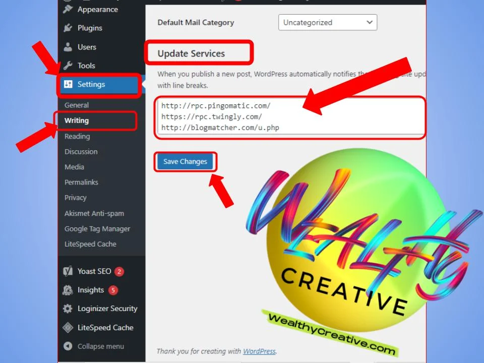 how-to-update-ping-list-in-wordpress-dashboard Self-hosted WordPress dashboard in the writing settings tag, showing how to add a ping list to WordPress site under the "Update Services" section.
