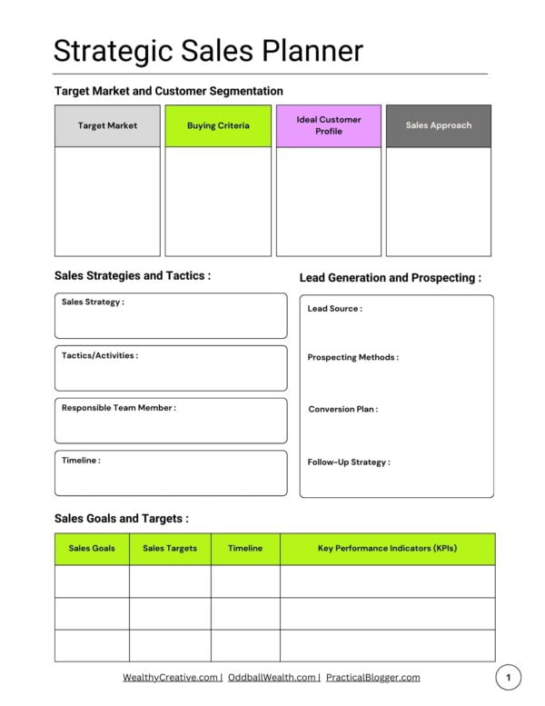 Screenshot of the Strategic Sales Planner Workbook - page 1