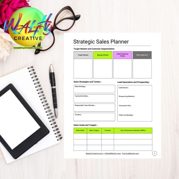 The Printable Strategic Sales Planner - Instant Digital Download PDF - Page 1, on white office table.