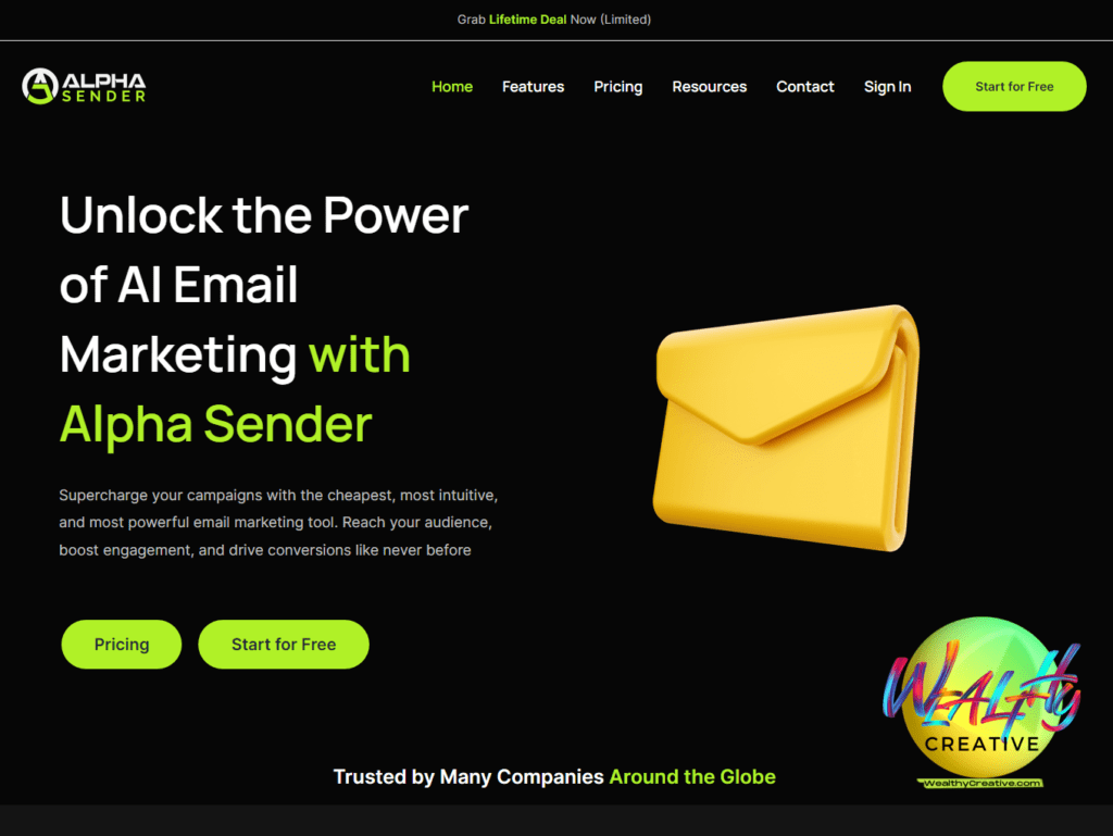 Screenshot of Alpha Sender website homepage, showcasing its bulk email sending features and user interface.