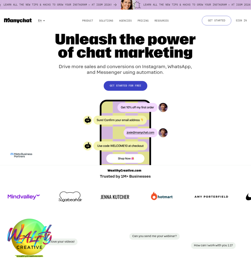 Screenshot of Manychat website homepage, showcasing their chatbot builder and marketing tools.