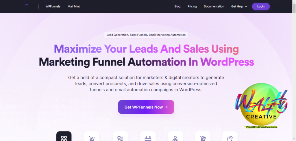 Screenshot of WPfunnels website homepage, showcasing its integration with WordPress for building sales funnels.