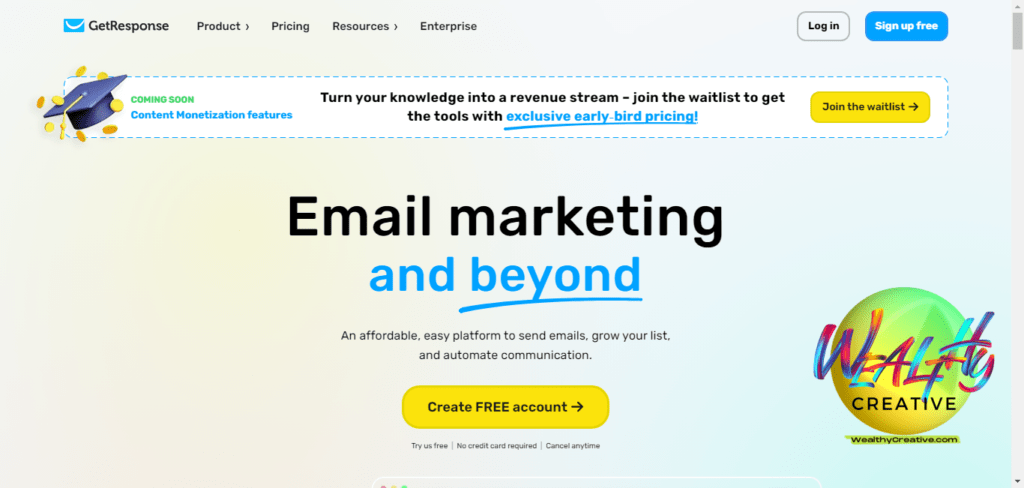 Screenshot of GetResponse website homepage, featuring email marketing, landing pages, and automation tools.