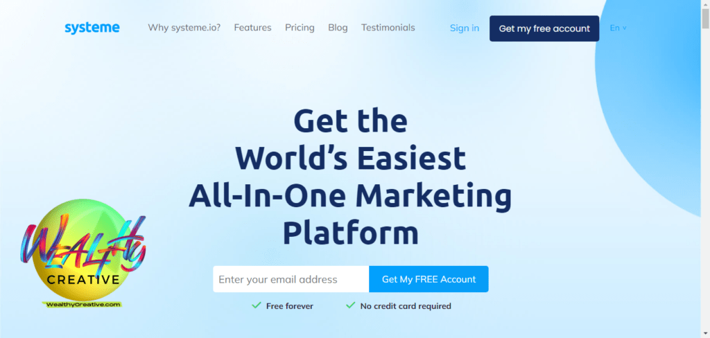 Screenshot of Systeme.io website homepage, highlighting sales funnels, email marketing, and website creation tools.