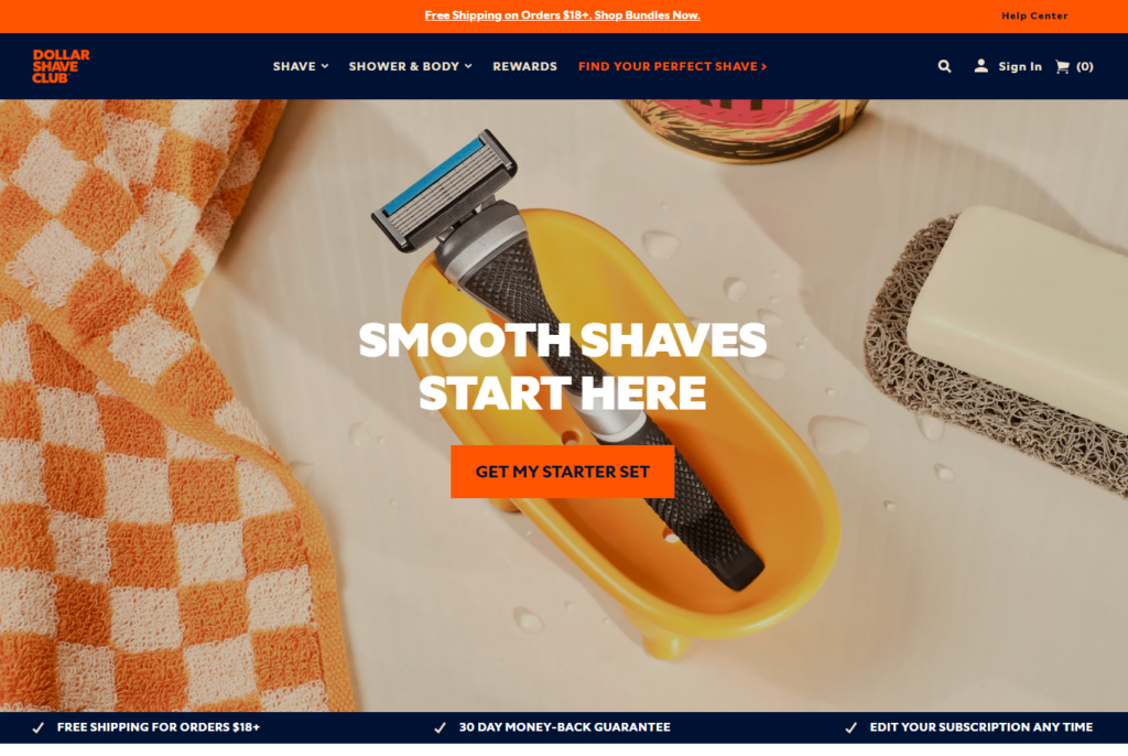 Screenshot of DollarShaveClub.com homepage.