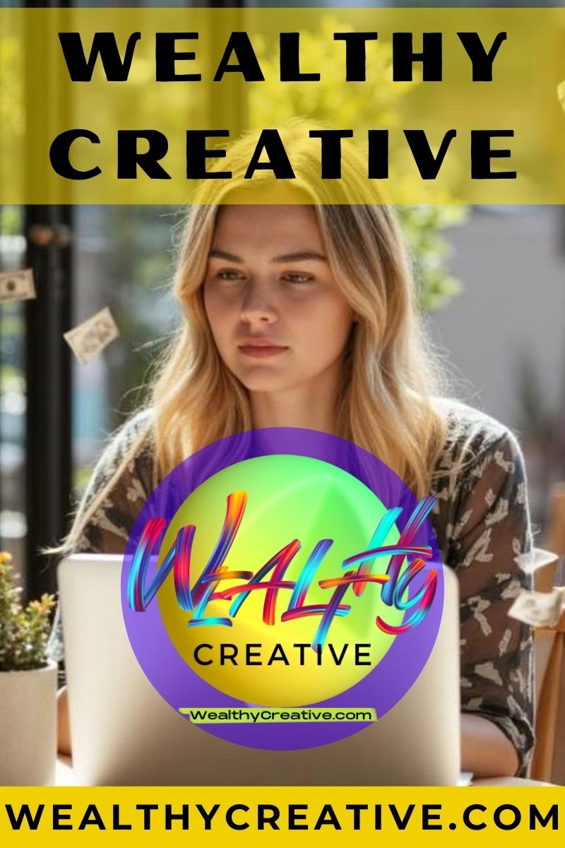 Female student with laptop, brainstorming business ideas, money floating around.