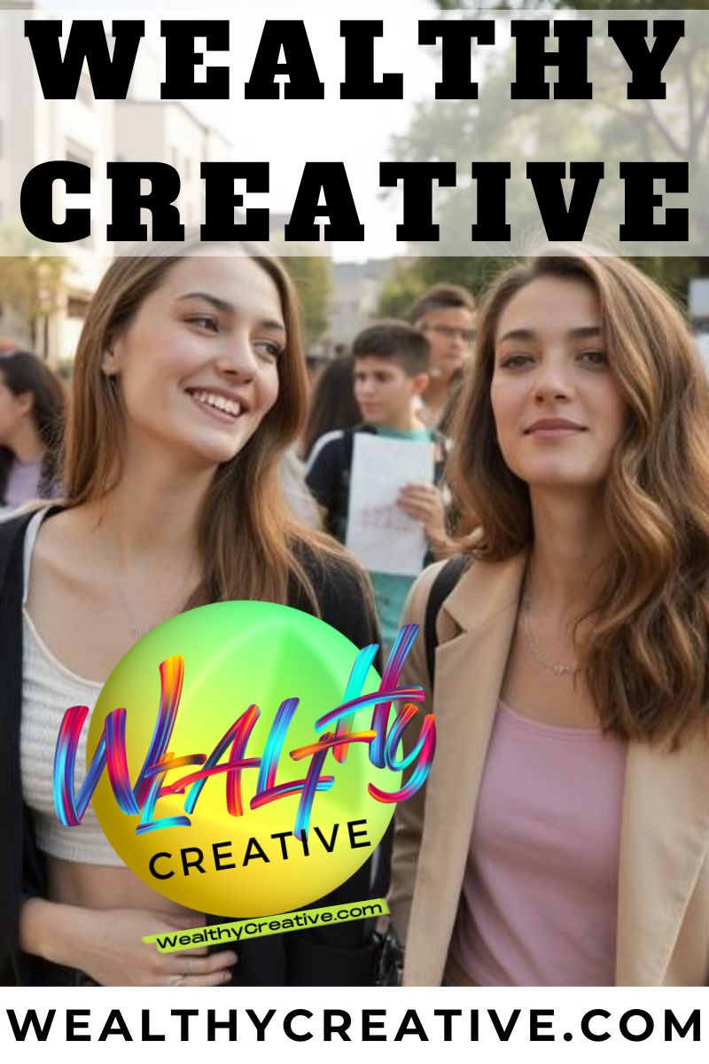 Gorgeous blond and brunette female students looking confidently into the future, with a blueprint of success.