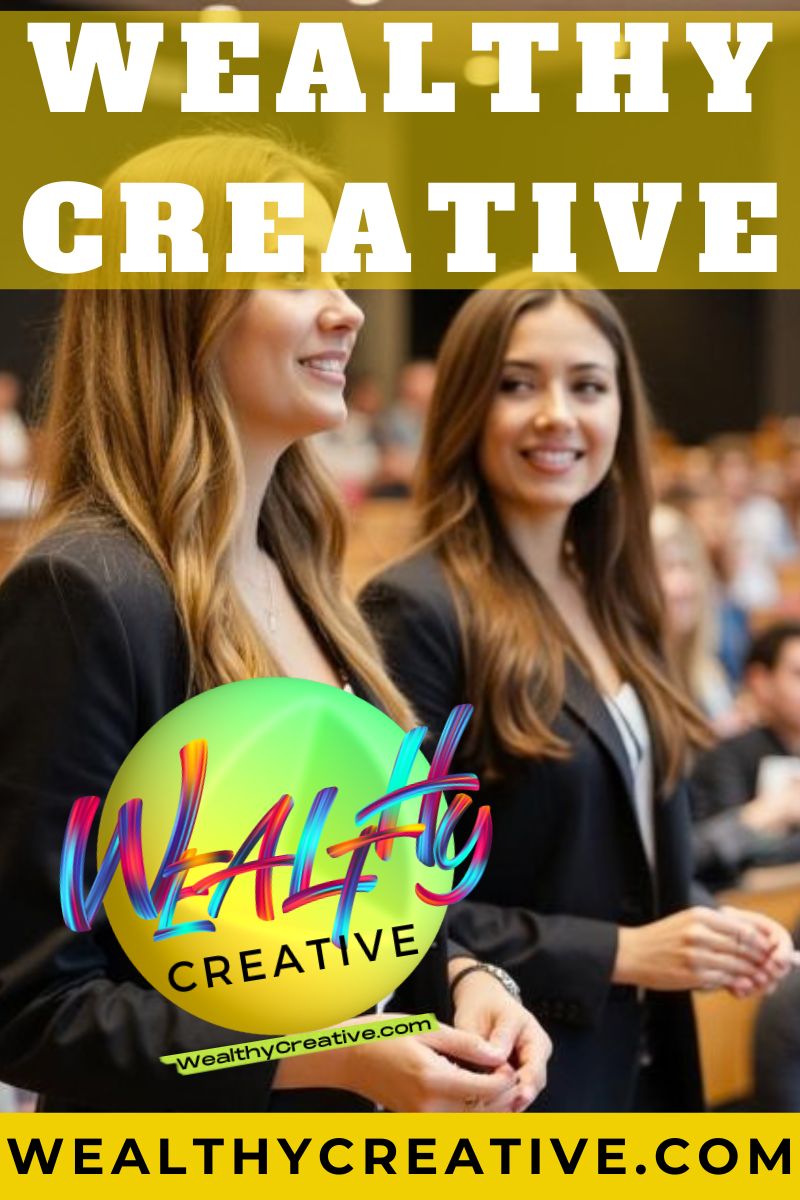 Female students presenting a business idea, looking confident and successful.