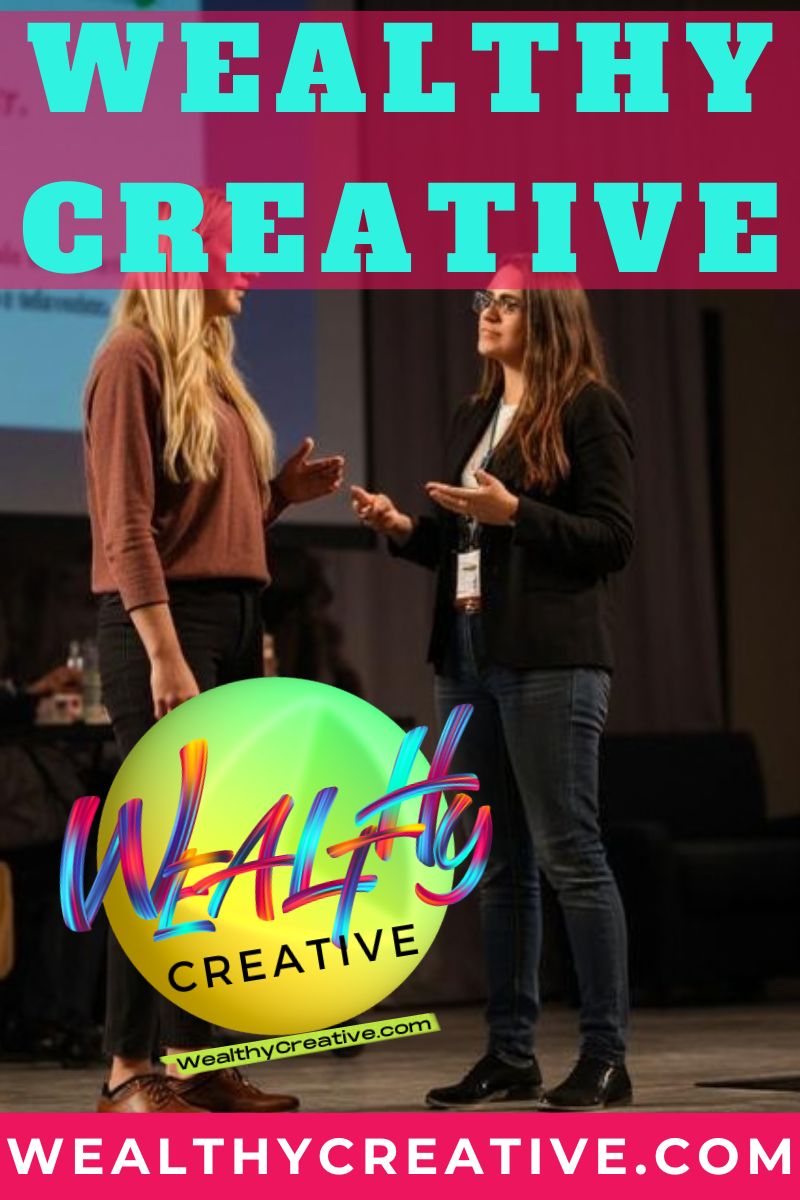 Female students presenting a business idea, looking confident and successful.