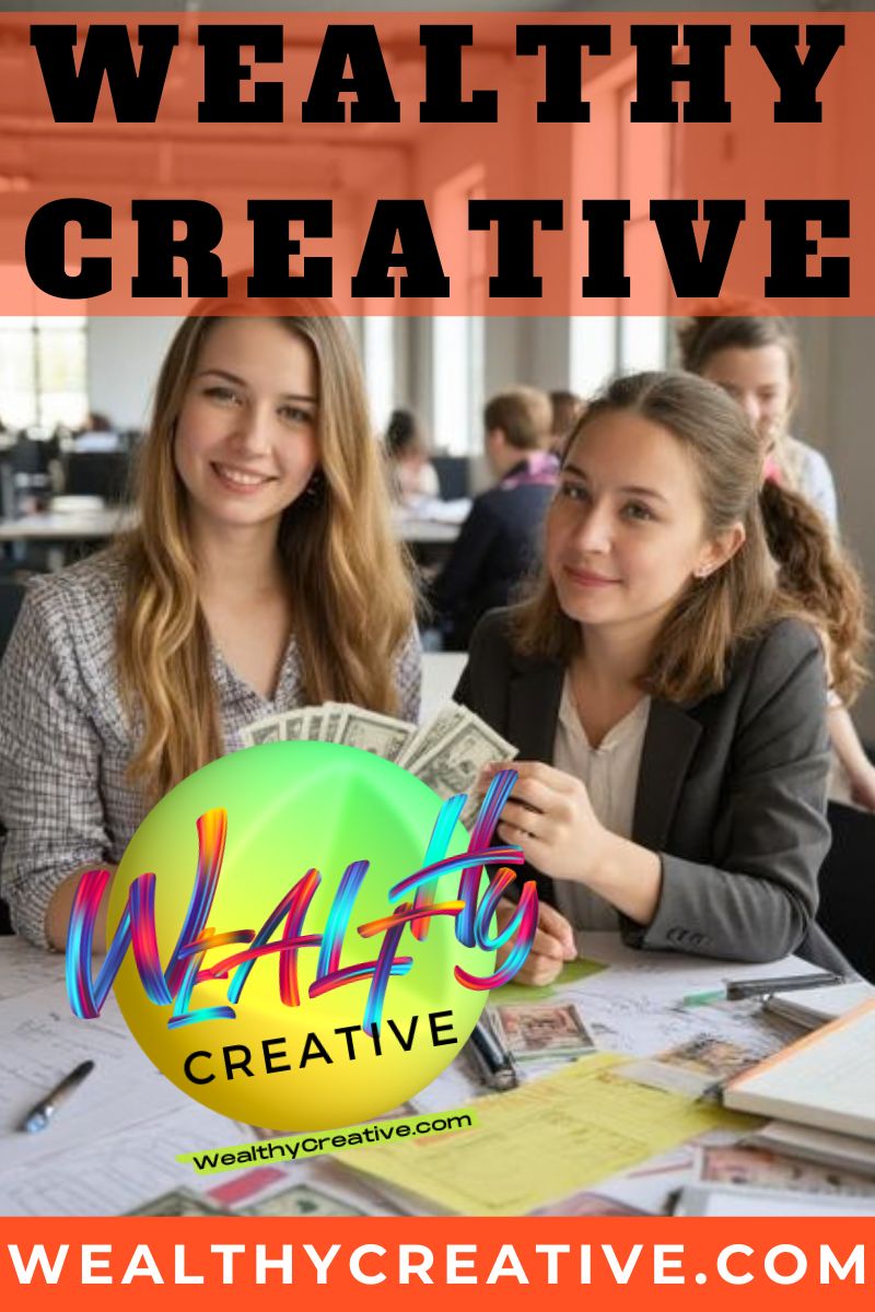 Female students counting money with a smile, surrounded by innovative business concepts.